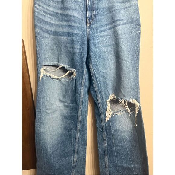 Zara Blue Denim Ripped Raw Hem High-Rise Straight Wide Leg Jeans Size 8 Tall - Picture 3 of 6